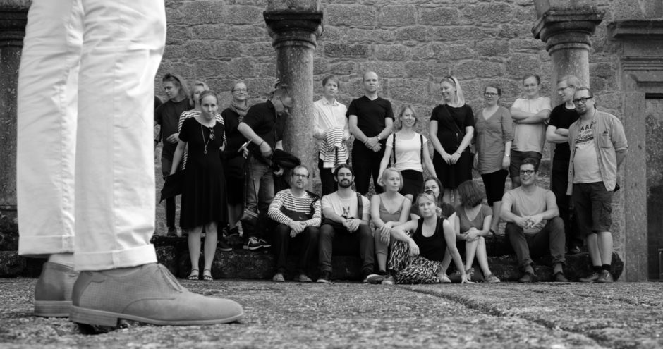 Verstas team getting organized for a group photo at Convento de Santa Maria do Bouro.