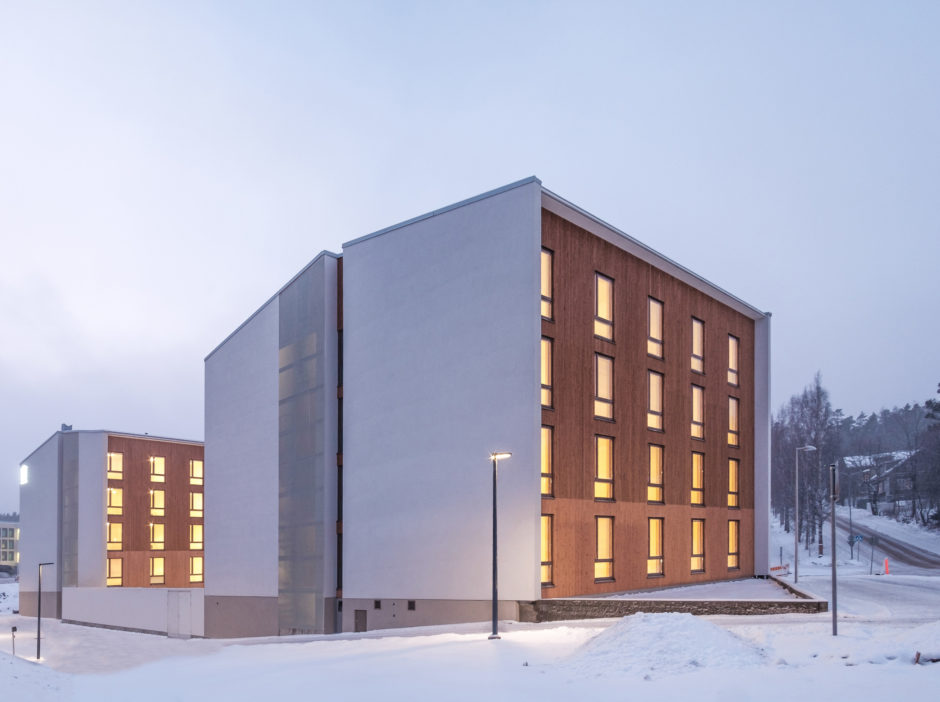 The exterior of the prefabricated wooden student housing in Jyväskylä Finland by Verstas Architects
