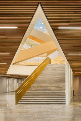 A lobby and stairs in the Aalto University School of Business designed by Verstas Architects