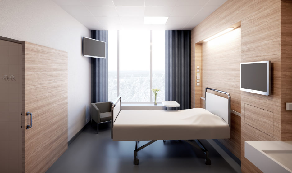 Visualization of a patient room in the Lapland Central Hospital designed by Verstas Architects