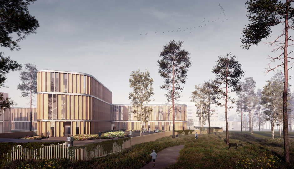 Exterior visualization of the Lapland Central Hospital designed by Verstas Architects