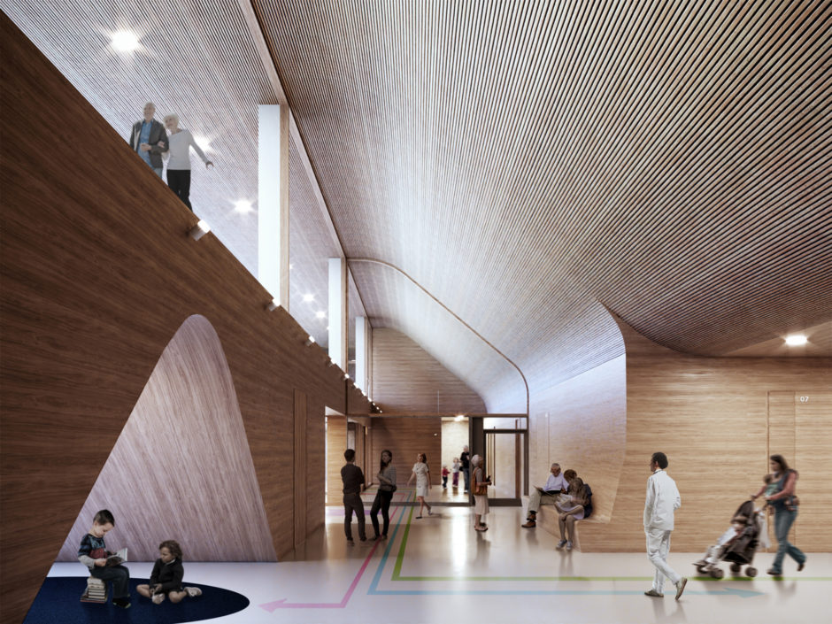 Interior visualization of the lobby in the emergency department with wooden surfaces in the Lapland Central Hospital designed by Verstas Architects