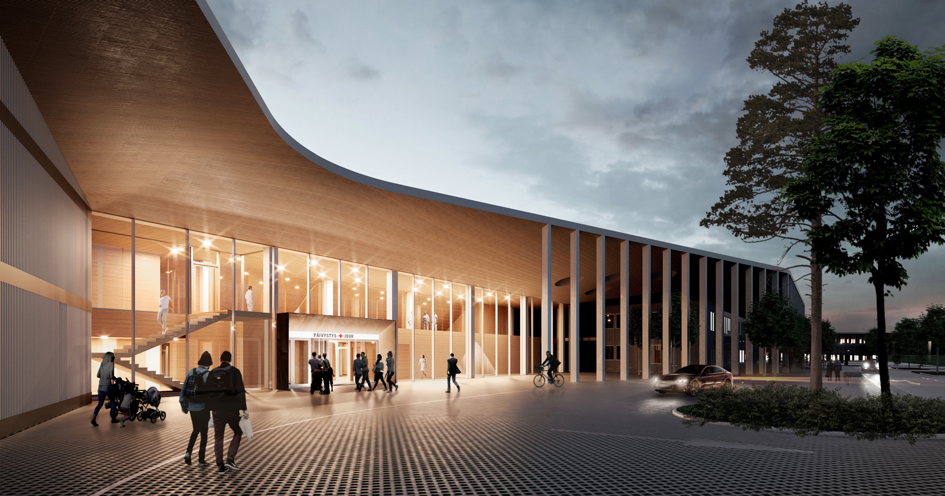 Exterior and the entrance visualization of the Lapland Central Hospital designed by Verstas Architects