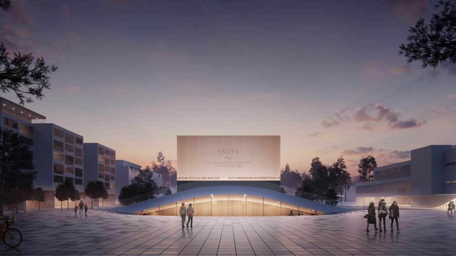 A visualization of the Espoo Culture Centre (Espoon kulttuurikeskus) extension and the Culture Square (Kulttuuriaukio)designed by Verstas Architects